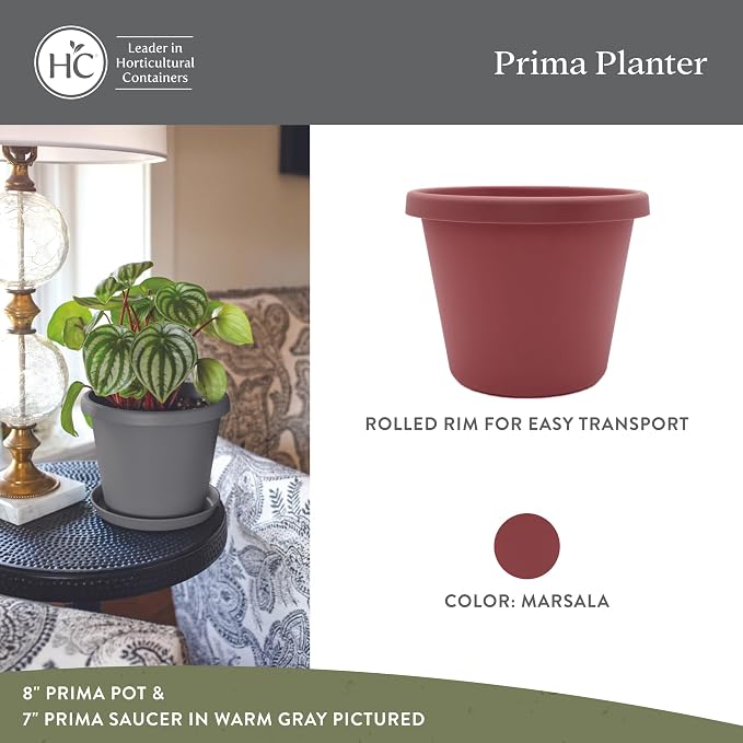 The HC Companies 10 Inch Prima Round Planter Pots with Drainage Holes and Rolled Rim, Lightweight UV-Resistant Plastic Indoor & Outdoor Planters, 2-Pack Flower Pots for Garden & Home Decor, Marsala