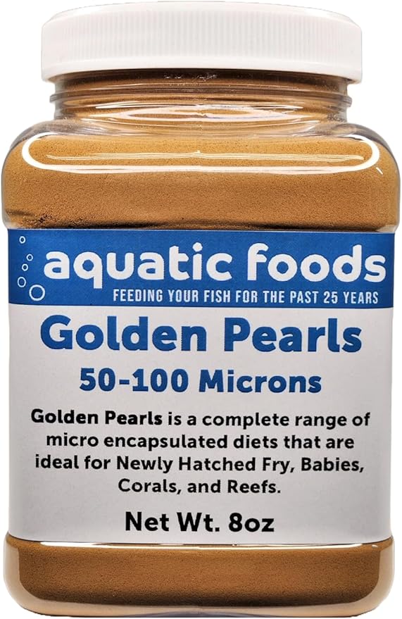 Aquatic Foods Inc. Golden Pearls 50-100 Micron Powder New Fry, Babies of Shrimp, Axolotls, Discus, Cichlids, Catfish, Tetras, Angel Fish, Guppies, Bettas, Goldfish, Corals, Reefs …8oz Small Jar