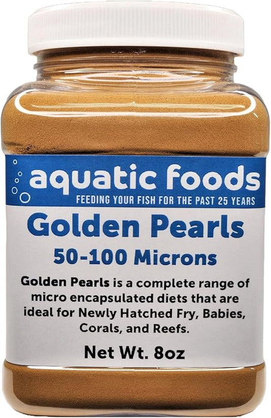 Aquatic Foods Inc. Golden Pearls 50-100 Micron Powder New Fry, Babies of Shrimp, Axolotls, Discus, Cichlids, Catfish, Tetras, Angel Fish, Guppies, Bettas, Goldfish, Corals, Reefs …8oz Small Jar