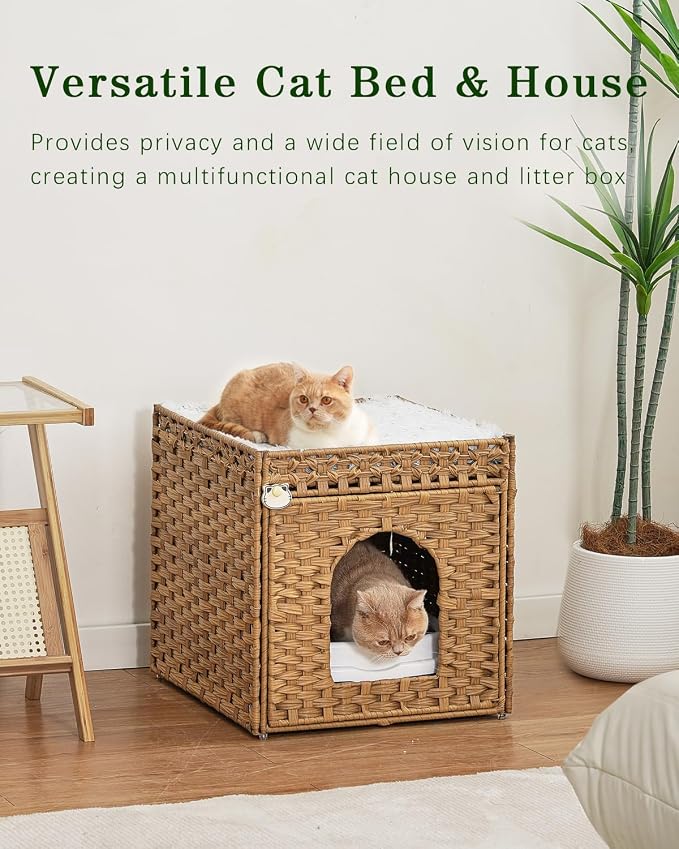 SETVSON Cat Beds for Indoor Cats Extra Large Double Cat Cave, Natural | Spacious Multi-Cat House, Furniture End Table Look, Soft Washable Cushion, Sturdy Metal Frame, 18.5x20.5x19.1 In Woven Cube
