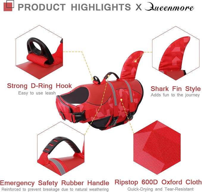 Shark Dog Life Jacket, LifeVests for Boating, High Buoyant Dog Life Vest for Swimming, Adjustable Easy On Pet Jackets for Small, Medium, Large Dogs (Red Triangle,L)