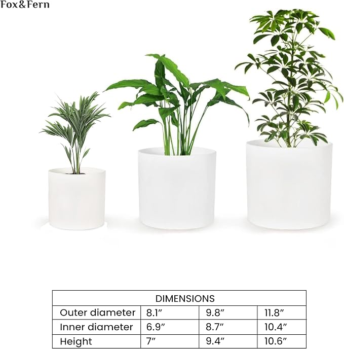 Fox & Fern Large Indoor Planter, Modern Large Plant Pot for Indoor or Outdoor, UV and Frost Resistant - Set of 3: 8, 10, 11.8 Inch, White Flower Pot with Drainage Plug, Lightweight