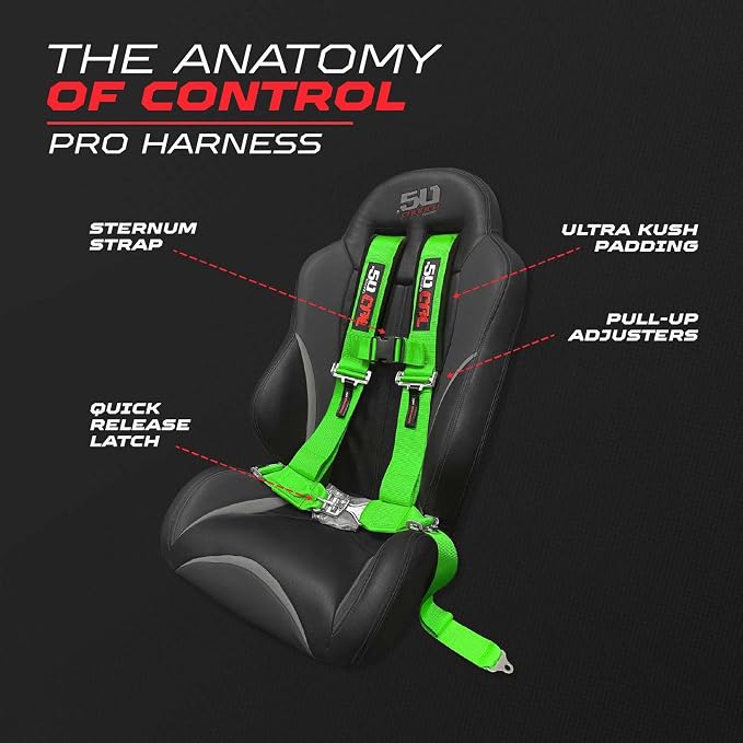 1pc 50 Cal Green 4 Point Harness 3 inch straps, Racing Harness Seat Belt | Ultra Kush padding, Push Button quick release hardware. Universal Fit for UTV, RZR, race car