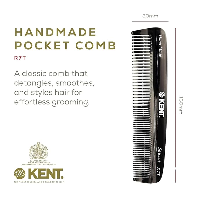 Kent R7T Black Graphite Double Tooth Hair Pocket Comb, Small Fine/Wide Tooth Comb For Grooming Styling Hair, Beard and Mustache, for Men, Women and Kids. Saw Cut and Hand Polished. Handmade in England