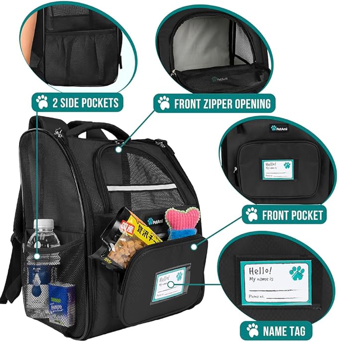 PetAmi Dog Backpack Carrier for Small Medium Dogs Large Cats up to 18 lbs, 2 Side Entry, Structured No-Collapse Frame, Airline Approved Ventilated Pet Backpack for Hiking Camping Travel Vet, Black