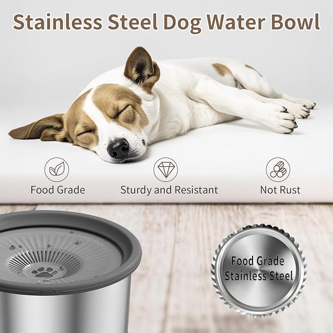 6.5L Dog Water Bowl No Spill 1.6 Gallon Stainless Steel Water Bowl for Dogs 220oz Large Capacity No Splash Slow Drinking Feeder with Anti-Slip Mat for Messy Drinkers 6.5L+2 Filters