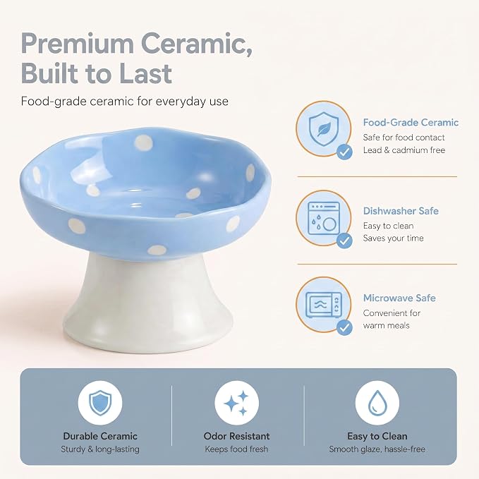 Blue Mushroom Cat Bowl, Elevated Ceramic Bowl for Cats | Cute Mushroom Design, Elevated, Ceramic, Whisker Friendly, Anti Vomiting