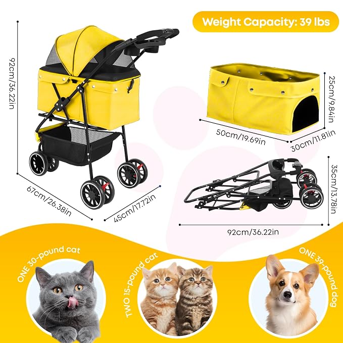 Pet Stroller,Dog Stroller for Small Medium Dogs Cats,3 Wheels,Yellow | Foldable,with Breathable Mesh Canopy,Cup Holders,Easy Assembly
