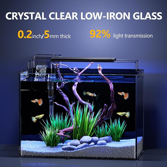 5 Gallon Fish Tank Aquarium Kit with Heater, HOB Filter, LED Light with Timer, Lid, Siphon Vacuum Cleaner, Self Cleaning Glass Rimless Betta Tank