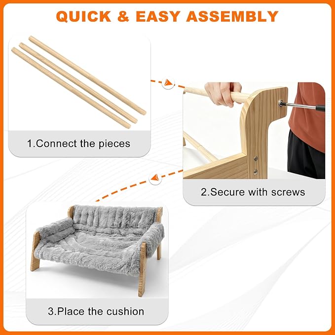 homegroove Elevated Cat Couch Bed, Wood Cat Sofa for Indoor Cats, Gray | 27"L x 18"W x 11.8"H, solid wood cat bed with removable washable cushion, available in white and gray, for cats & small dogs