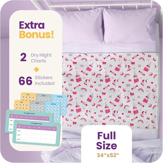 IMPROVIA® Pee Pads for Kids - Bed wetting Pads for Kids Potty Training Bed mats for Toddlers Waterproof Reuseable Washable Absorbent, Non Slip - Unicorn Design - Full Size 34”x52
