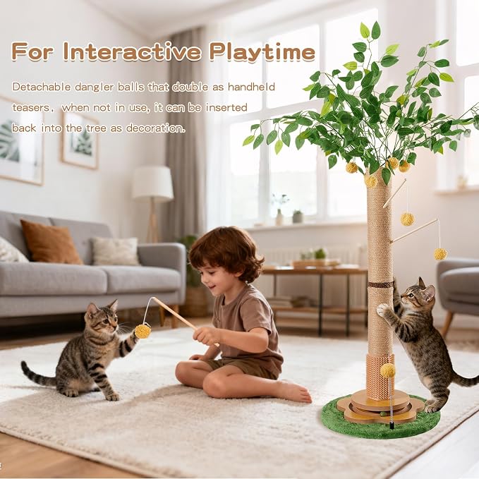 45" Tall Cat Scratching Post with Toy | Sisal Rope, Track Balls, Slef-Grooming Brush, Hanging Ball Toy