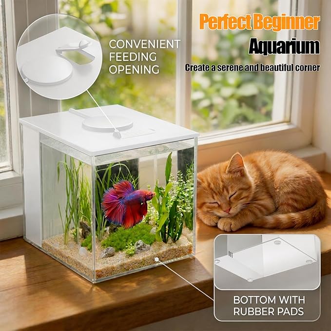 Vehipa 3.7L (1 Gal) Betta Fish Aquarium, Acrylic Small Fish Tank Kit with Water Filter Pump & LED Light, Ideal for Small Fish, Plants and Shrimp, White
