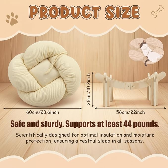 22x22x13 Inch Elevated Flower Cat Bed Wooden with Fluffy Cushion, Pet Couch Sofa for Indoor Cats, Raised Kitty Lounge Chair Suitable for Puppy, Cat Furniture Living Room Bedroom