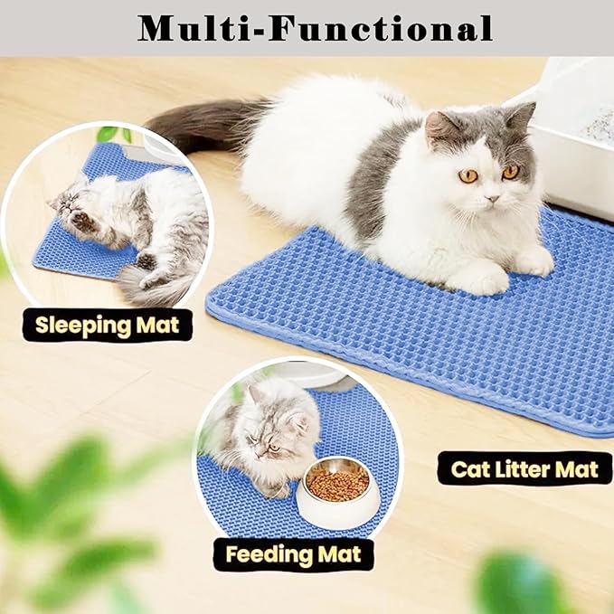 HCY&WLD Cat Litter Mat, Honeycomb Double Layer Cat Litter Trapping Mat, Waterproof Urine Proof Non-Slip, Scatter Control, Less Waste, Easier to Clean (Blue, 45" X 26")