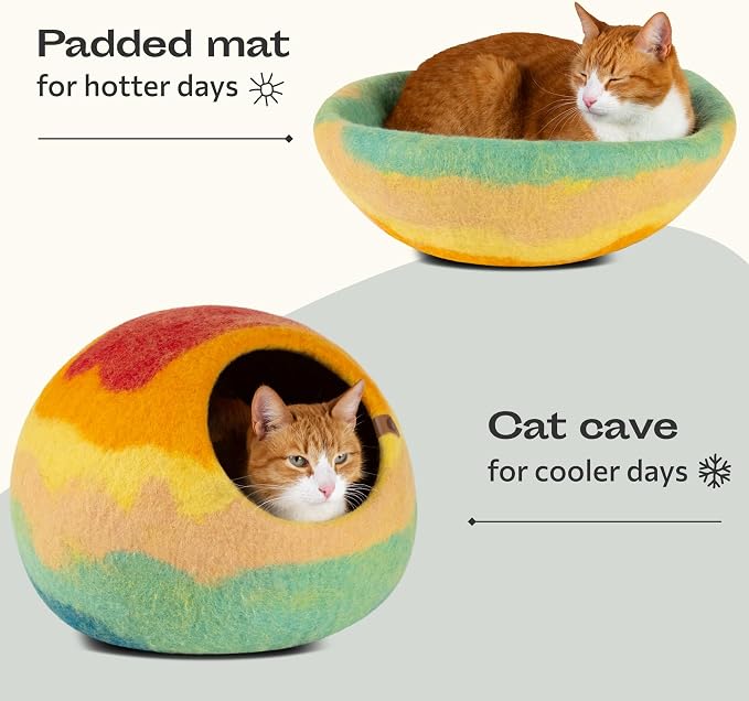Cat Cave – Premium Felt Cat Bed Enclosure for Indoor Cats, Handmade Merino Wool (Tucson Sunset, Medium)