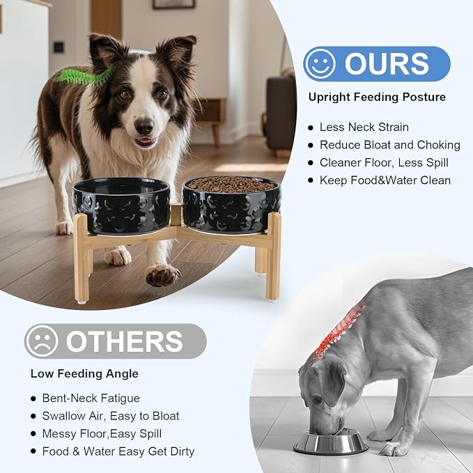 SPUNKYJUNKY Elevated Dog Bowls Ceramic, 7.3'' Dogs Food Water Bowls Raised with Non-Slip Bamboo Stand for Medium to Large Sized Breed Microwave Dishwasher Safe - 42 OZ,Skull Black
