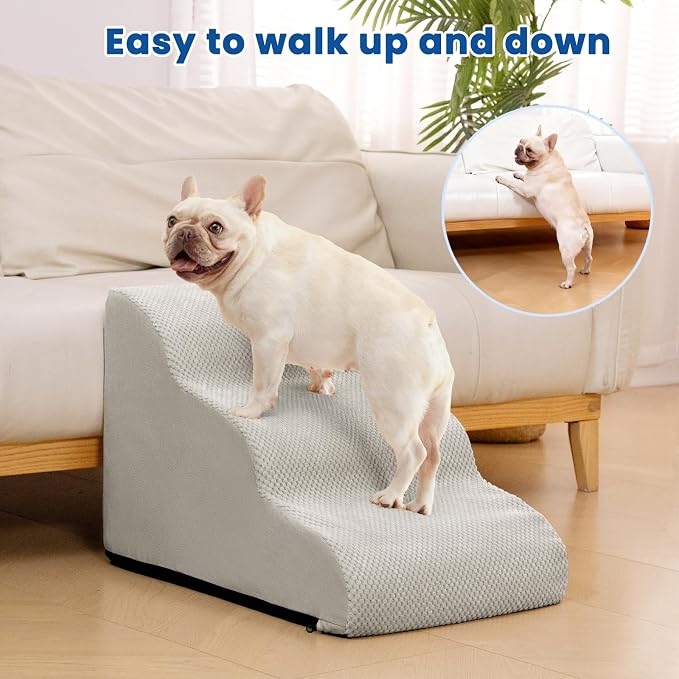Dog Stairs for Small Dogs & Cats,3 Steps Non-Slip Pet Ramp for Couch,15.7"H | Airpanda Pet Stairs with Washable Cover & High-Density Foam,Gentle Curved,Ideal for Senior & Short-Legged Dogs,Light Grey