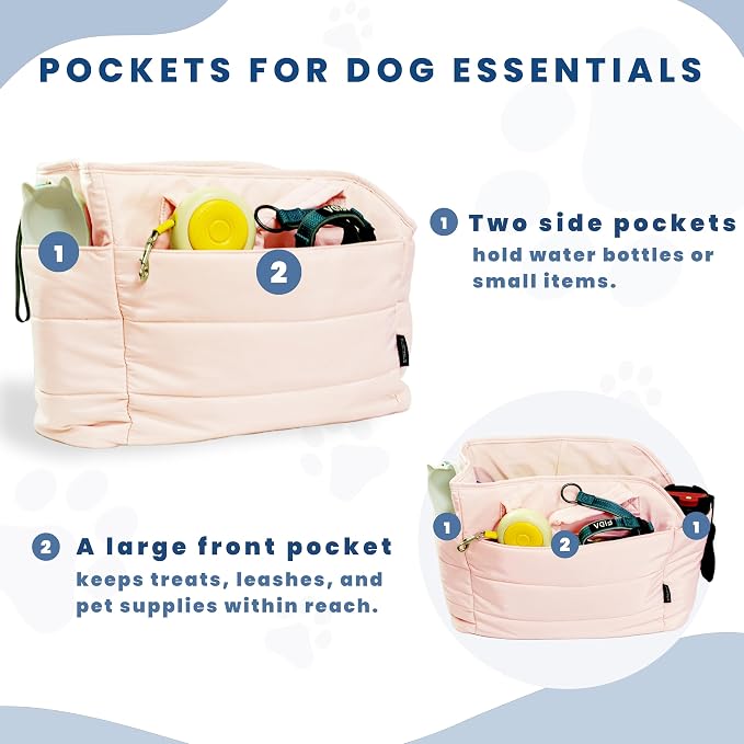 Lightweight Puffy Dog Purse Carrier for Small Dogs, Pink | Quilted Pet Carrier Tote with Safety Leash Clip, Storage Pockets and Removable Base, for Pets Up to 15 lbs, Pink