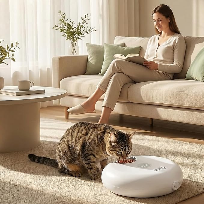 Ownpets Automatic Cat Feeder for Wet Food, with Stainless Steel Tray, 6 Meals Rechargeable Auto Pet Feeder with 2 Ice Packs, Cat Food Dispenser for Cats Small Dogs