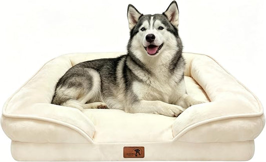 Spotted Play Orthopedic Dog Bed with Sides - Sofa Beds for Large Dogs, Supportive Foam Pet Couch Bed with Washable Removable Cover, Waterproof Lining and Non-Slip Bottom, Ivory - L-Plus