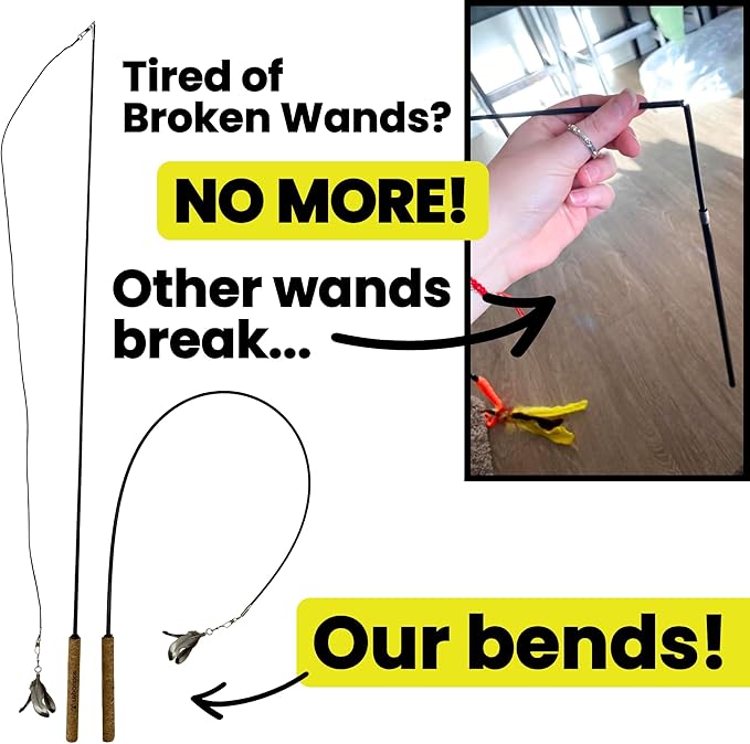 Forever Stick and 3 Strings including Chew Proof Metal Wire - The Unbreakable Cat Wand Toy, Durable Cat Toy Wand, Extra Long Cat String Toy, Cat Fishing Pole Toy for Bored Indoor Adult Cats, Stick Toy