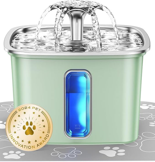 Veken Innovation Award Winner Stainless Steel Cat Water Fountain, 108oz | Automatic Pet Fountain Dog Water Dispenser with Replacement Filters & Silicone Mat for Cats, Dogs (Tea Green)
