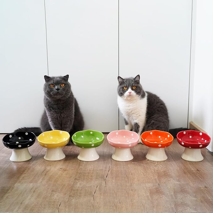 4PCS Multi-Color Mushroom Cat Bowl Set, Elevated Ceramic Bowls for Cats | Multi-Color, Cute, Elevated, Ceramic, Whisker Friendly, Anti Vomiting