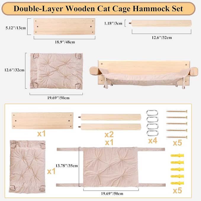 JSPYFITS Wooden Cat Furniture Wall Mounted, Double Layer Hammock, Large Size 18.9″ Removable Multi-Function Cat Bed for Sleep/Play/Climb, Kitten Window Perch, Easy DIY Installation(Beige)