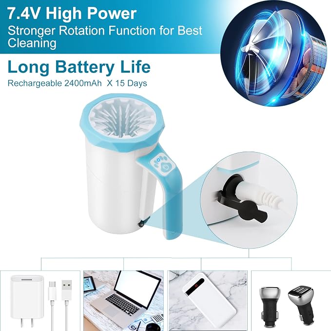 Rechargeable Automatic Dog Paw Cleaner, 2 in 1 Dog Paw Washer Cup | Portable Pet Paw Cleaner with Soft Silicone Brush, 7.4V High Power, Dog Foot Washer Suitable for Big Dog/Cat Grooming, Blue