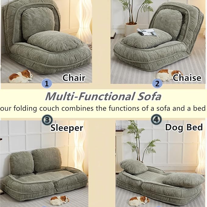 Foldable Lazy Sofa Bed with 5 Levels Adjustable Backrest, Green | Comfy Upholstered Human Dog Bed for Adults and Pets, Lazy Floor Lounger with 2 Soft Cushions for Living Room Bedroom