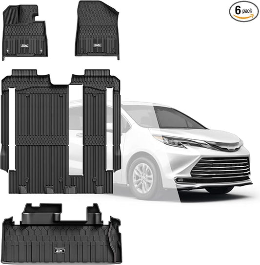 3W Floor Mats & Trunk Mat for Toyota Sienna 2021-2026 LE/XLE(Only for 8 Seat), TPE All Weather Custom Fit Floor Liner for Sienna 1st, 2nd and 3rd Row and Cargo Mat, Black