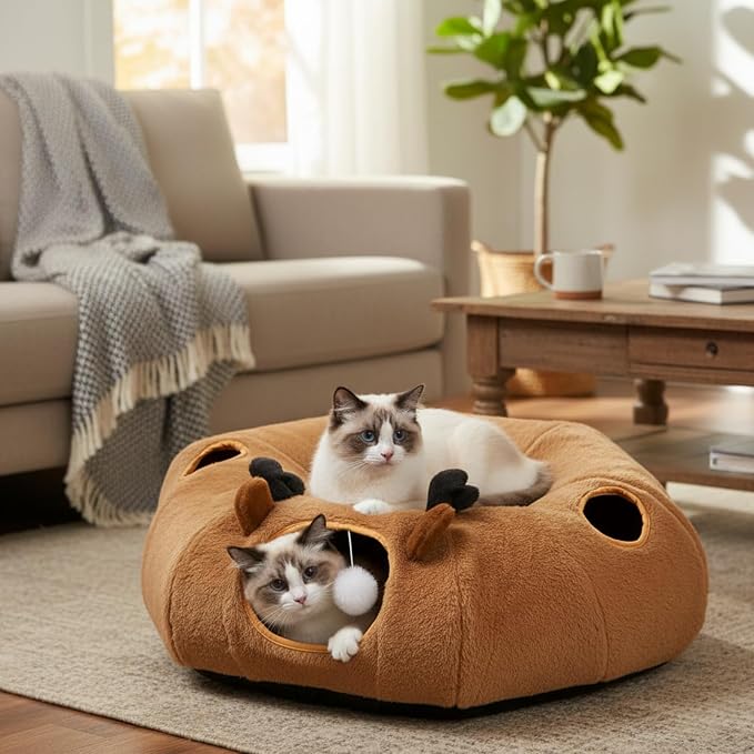 Cat Tunnel Bed with 20 Pcs Interactive Toys, 3-in-1 DIY Collapsible Plush Cat Tube with Washable Mat, Large Indoor Play Tunnel Cave for Kittens and Small Animals