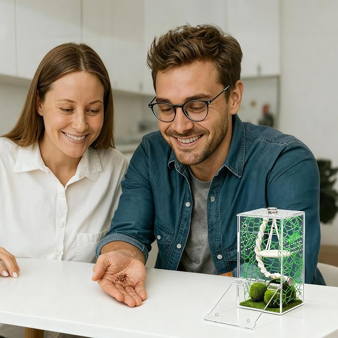 AZV Jumping Spider Enclosure Escape Proof Praying Mantis Habitat Arboreal Tarantula Terrarium with Magnetic Opening Door Baby Spider House Fully Transparent Acrylic Reptile Tank Insect Cage Bug Cribs