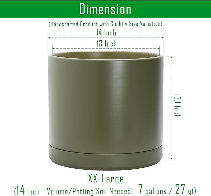 D'vine Dev 14 Inch Ceramic Planter Pot, Olive, 94-O-G-J | Modern Cylinder Design, Drainage Hole & Saucer Included, Stable Structure, Elegant Home Accent