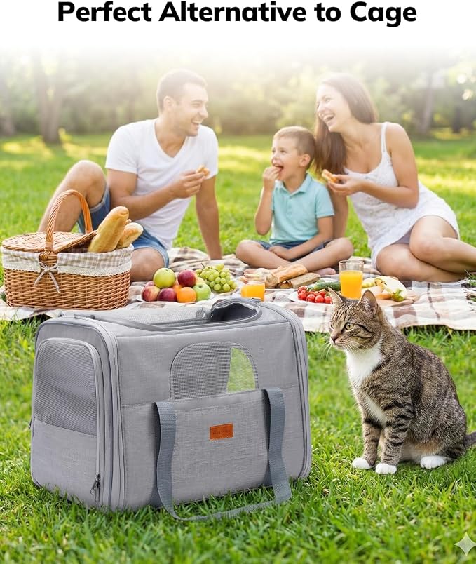 Morpilot Portable Cat Carrier - Soft Sided Cat Carrier for Medium Cats and Puppy up to 15lbs, Pet Carrier with Locking Safety Zippers, Foldable Bowl, Airline Approved Travel Dog Carrier - Light Gray