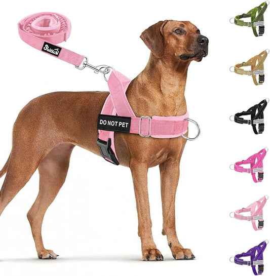 SlowTon No Pull Dog Harness with Front Clip - Heavy Duty, Soft Padded | Neck & Chest Adjustable, Tactical Pet Vest and Leash Set for Large Medium Sized Dogs, for Easy Walk & Training, Pink L