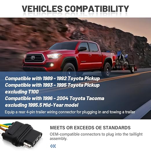 MECMO 4 Pin Trailer Wiring Harness for 1989-1995 Toyota Pickup & 1995-2004 Toyota Tacoma, ‎55379 Vehicle-Side 4 Prong Towing Hitch Wire for Trailer Light Hook Up, Plug & Play 4 Way Flat T-Connector
