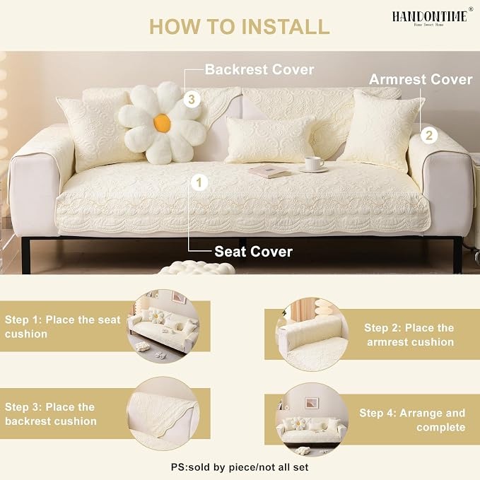 HANDONTIME Cotton Couch Cover for Dogs Breathable & Pet-Friendly Sofa Cover, Embroidery Dog Couch Cover Elegant Floral Quilted Slipcover, Non-Slip Washable Furniture Protector (Ivory, 35.4" x 94.5")