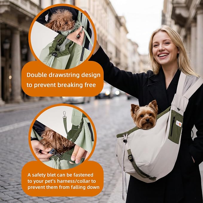 Dog Carrier Sling, Dog Carriers for Small Dogs Up to 20lbs,Army-Green | Puppy Sling, Cross Body Carrying Bag, Soft Front Pouch, Adjustable Shoulder Strap, Breathable Mesh Pet Backpack for Hiking