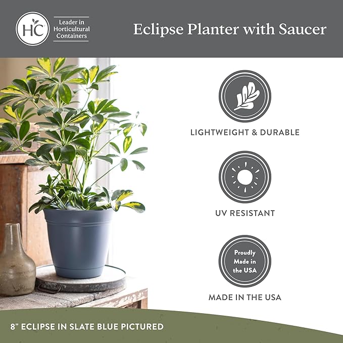 The HC Companies 16 Inch Eclipse Round Planter Pots with Drainage Holes & Attached Saucer, Lightweight UV-Resistant Plastic Indoor & Outdoor Planters, 2-Pack Flower Pots, Garden Home Decor, Cappuccino