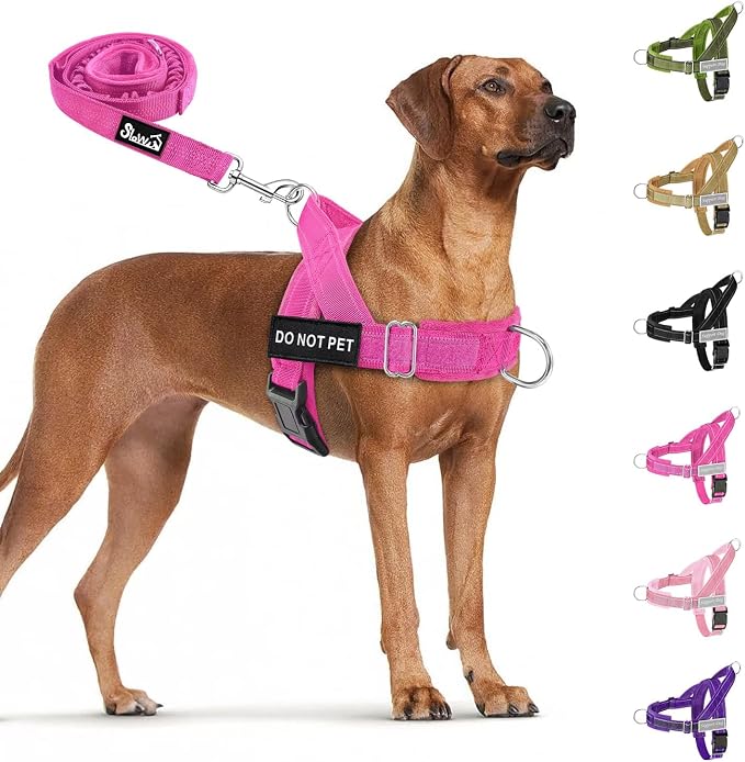 SlowTon No Pull Dog Harness with Front Clip - Heavy Duty, Soft Padded | Neck & Chest Adjustable, Tactical Pet Vest and Leash Set for Large Medium Sized Dogs, for Easy Walk & Training, Fuchsia XL