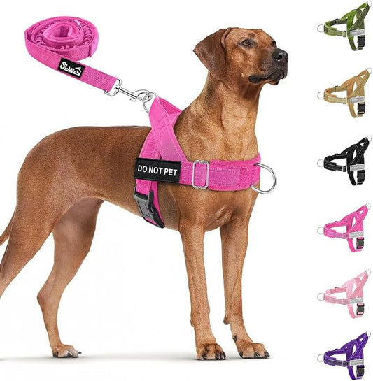 SlowTon No Pull Dog Harness with Front Clip - Heavy Duty, Soft Padded | Neck & Chest Adjustable, Tactical Pet Vest and Leash Set for Large Medium Sized Dogs, for Easy Walk & Training, Fuchsia XL