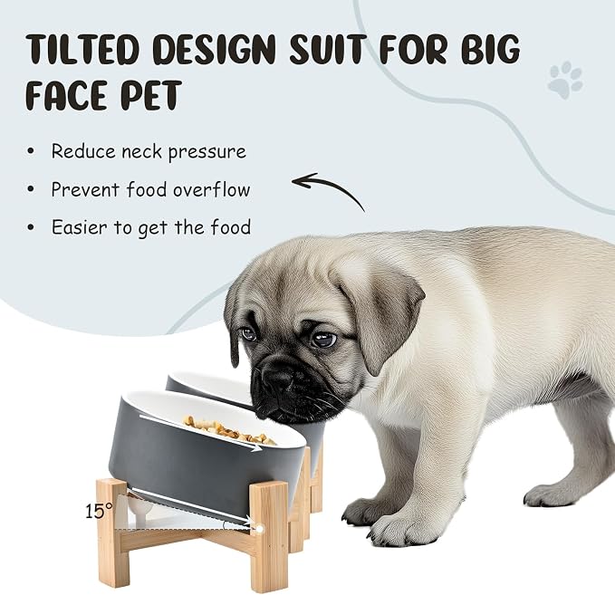 SPUNKYJUNKY 15° Slanted Ceramic Dog and Cat Bowl with Wooden Stand, Tilted Bulldog Food and Water Bowl No Slip Non-Spill for Cats Medium Dogs Big Face Pets 28.7 OZ (3.6 Cups, White-Grey × 2)