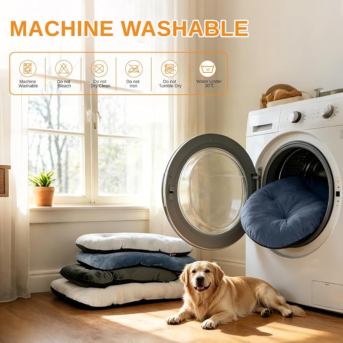 Washable Oval Medium Dog Bed, Silver-Tipped High-Resilience, Dusty Blue | Non-Slip Bottom Prevents Sliding, Soft Plush Short Fur, Machine Washable, Ideal for Crates/Apartments/Cozy Nooks,29"x18"x2.8"