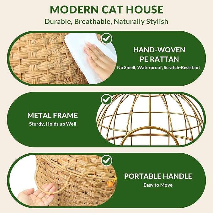 Cat Hidden Litter Box Enclosure Furniture, Handwoven Rattan Cat House with Decorative Faux Plant, Cat Litter Box with Scoop & Sisal Ball, Real Stones for Living Room, Bedroom, Corner Natural