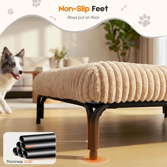 Elevated Dog Bed with Removable Fluffy Pillow Cushion, Raised Pet Cot Washable Bolster, Dog Couch Sofa, Anti Slip Feet, Breathable Mesh, Khaki, 49"×36"