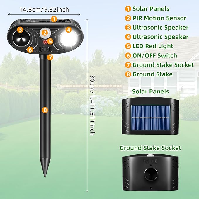 4 Pack Ultrasonic Solar Animal Repellent Outdoor,Sonic Fortress Pro Deer Repellent with Strobe Light, Waterproof Squirrel Cat Repellent Outdoor Rabbit Bird Raccoon Deterrent for Yard Garden Farm