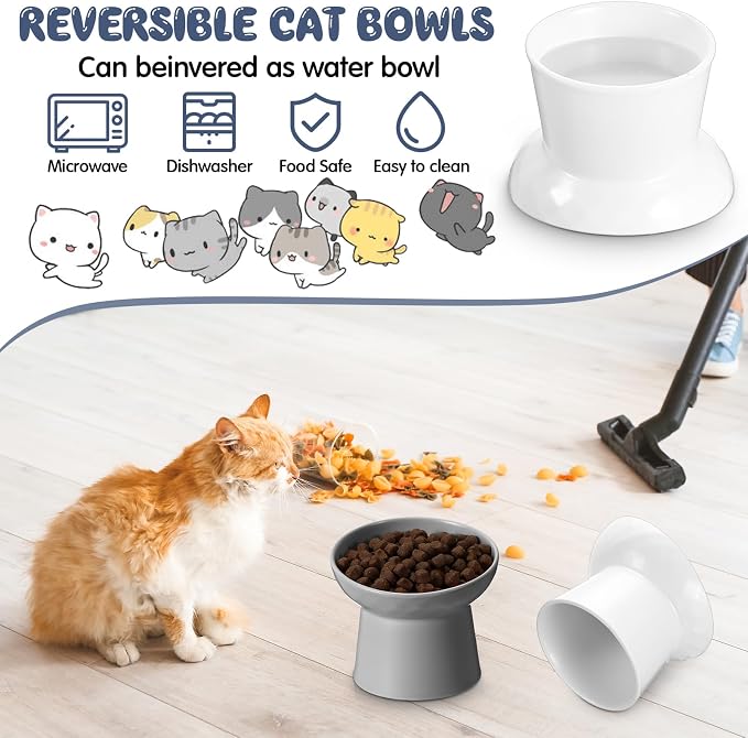 4 Pcs Ceramic Raised Cat Bowls, Elevated Tilted Cat Bowl for Food Water, Stress Free, Backflow Prevention, Dishwasher Microwave Safe, Feeder Dish for Indoor Kitten, Small Dogs(White and Grey)