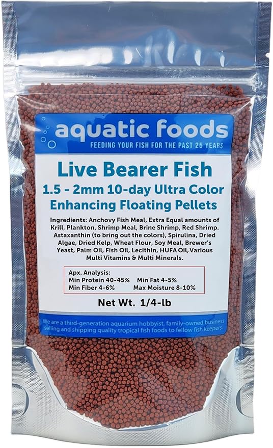 Aquatic Foods Inc. Live Bearer Ultra Red Color Enhancing 1.5mm-2mm Floating Pellets. Color Enhancing in 10-Days for Swordtails, Platies, All Live Bearers…1/4-lb Bag
